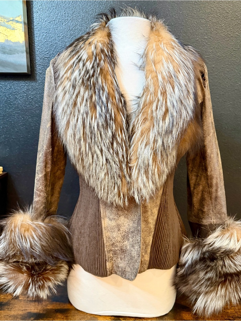 Cuadra Brown Leather/ Fox Fur Trim Suede-Style Jacket Sz: M